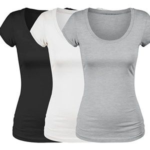 Women's Scoop U-Neck Short Sleeve Solid T Shirts-3 Pk(White,Black,H.Grey)-SMALL